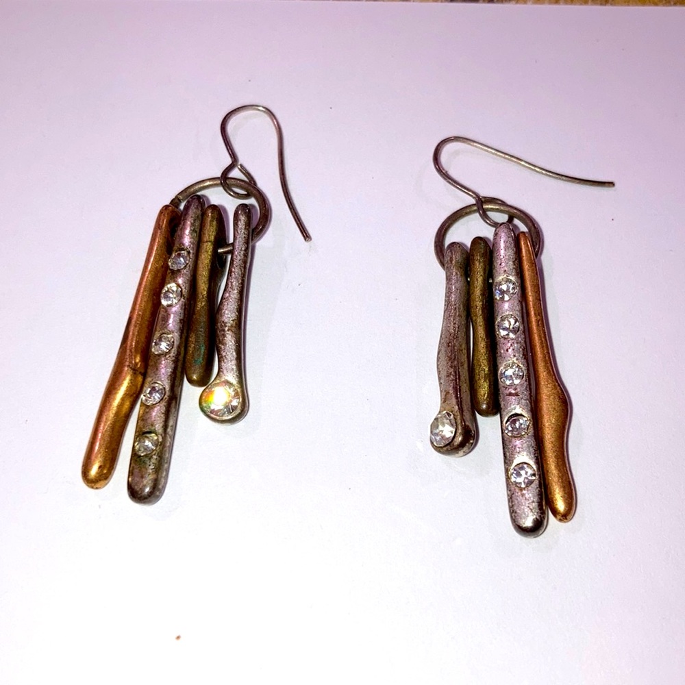 MIXED METAL DROP EARRINGS WITH RHINESTONE ACCENTS !